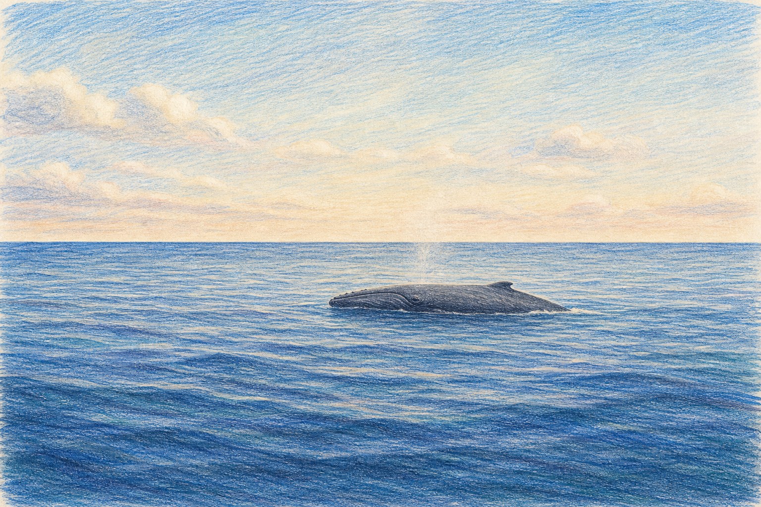 Colored pencil ocean horizon with a whale
